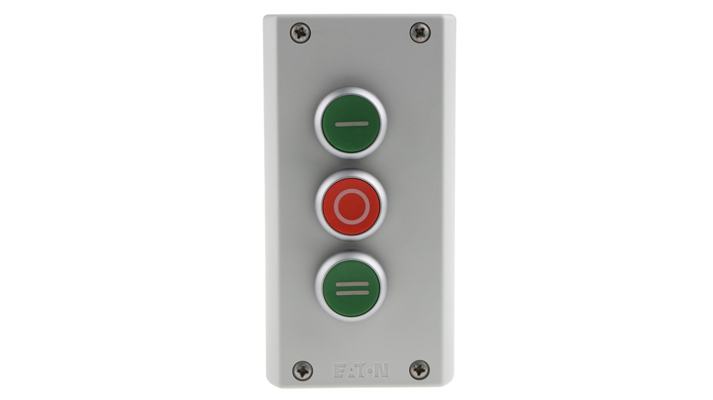 Eaton Momentary Enclosed Push Button - 3NO/3NC, Plastic, 3 Cutouts, Green/Red/Green, I/O/II, IP69K