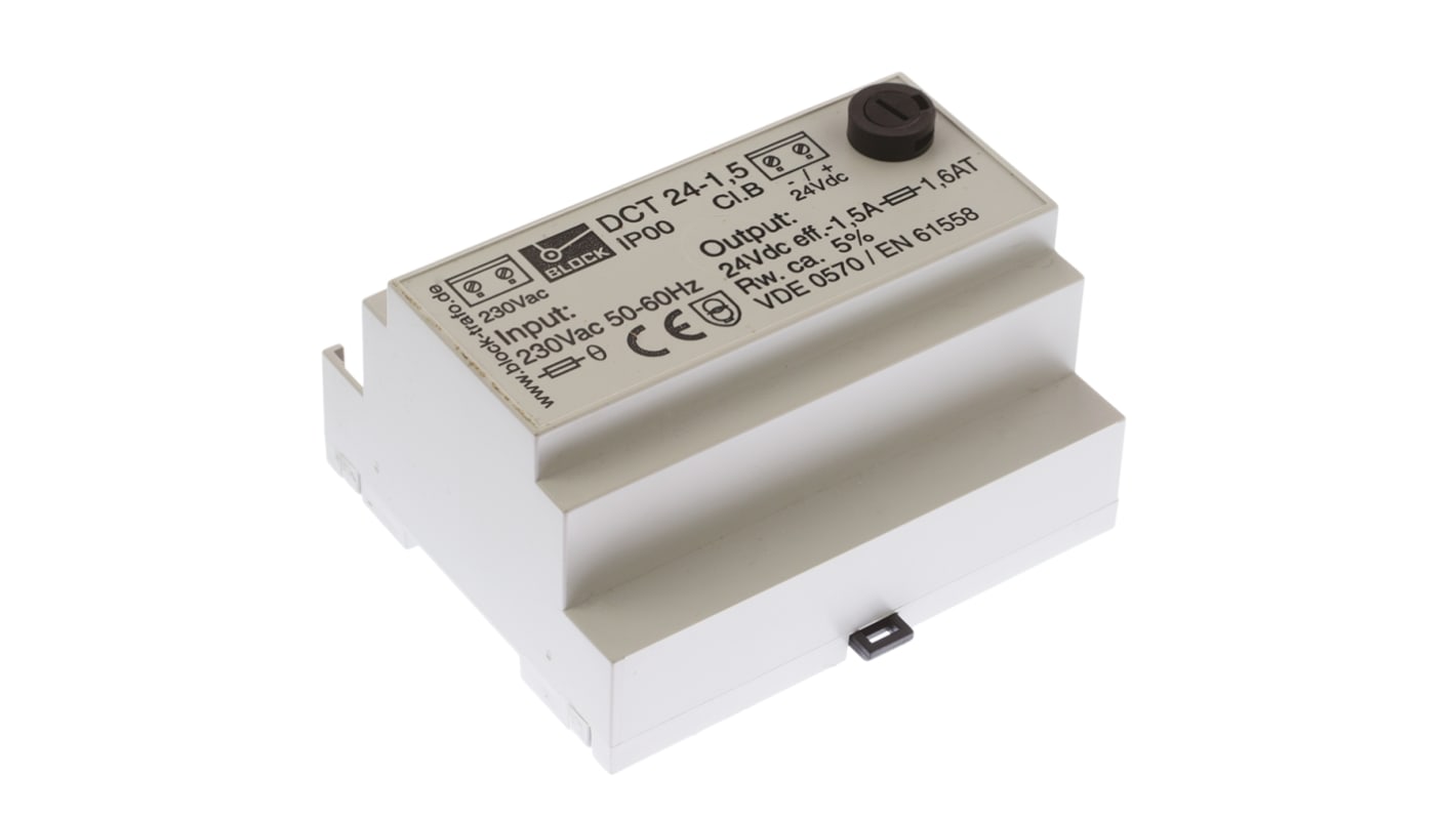 Block DCT Linear DIN Rail Power Supply, 230V ac ac Input, 24V dc dc Output, 1.5A Output, 36W