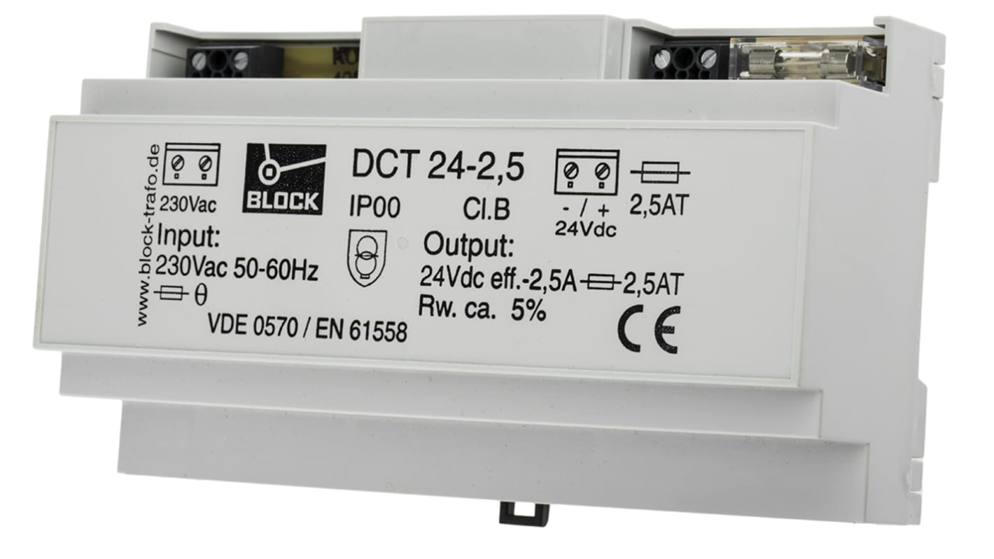 Block DCT -Phasen Linear DIN-Schienen Netzteil 60W, 230V ac, 24V dc / 2.5A
