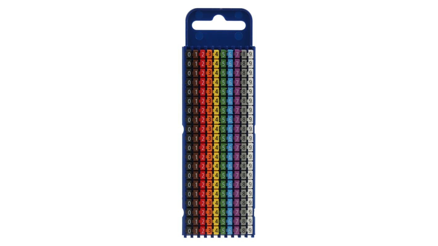 HellermannTyton Assorterede farver Snap-on Kabelmærker, pakke med 200, L: 3mm, Bredde: 5,6 mm, fortrykt:"0 → 9"