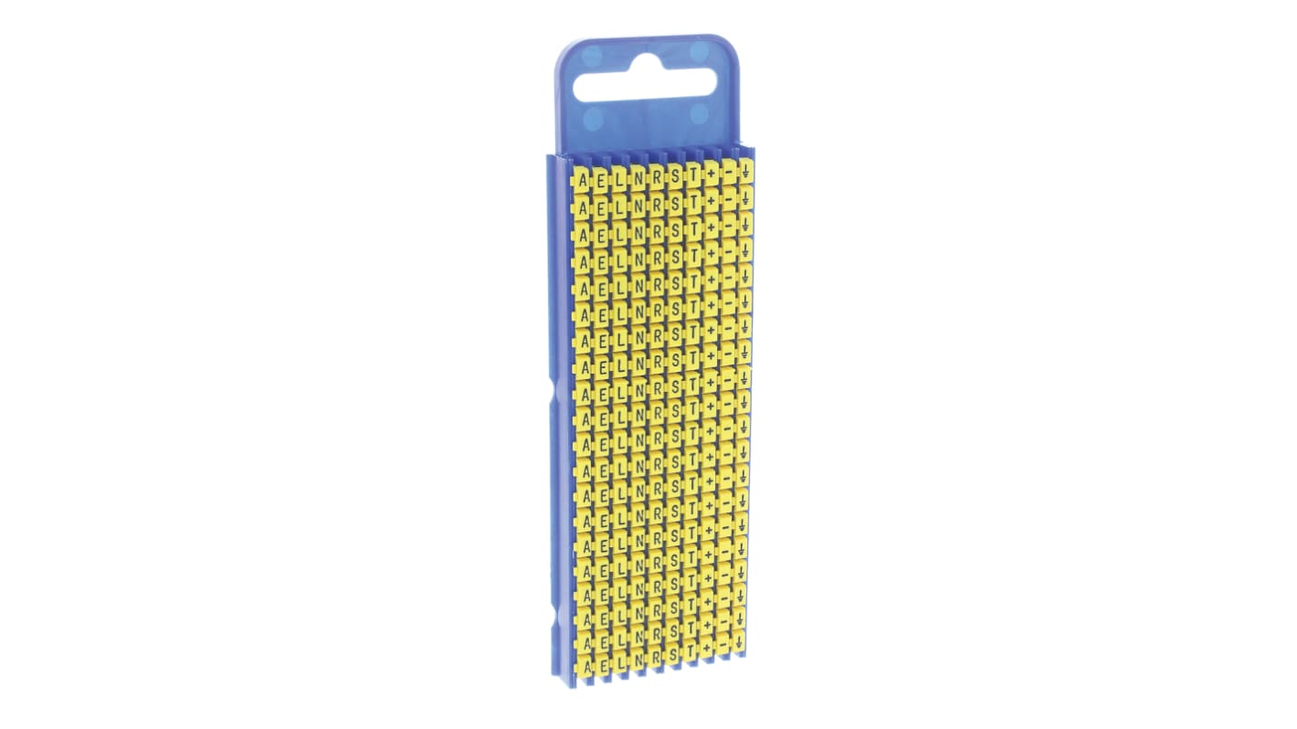 HellermannTyton WIC2 Snap On Cable Markers, Yellow, Pre-printed "-; +; A; E; Earth; L; N; R; S; T", 2.8 → 3.8