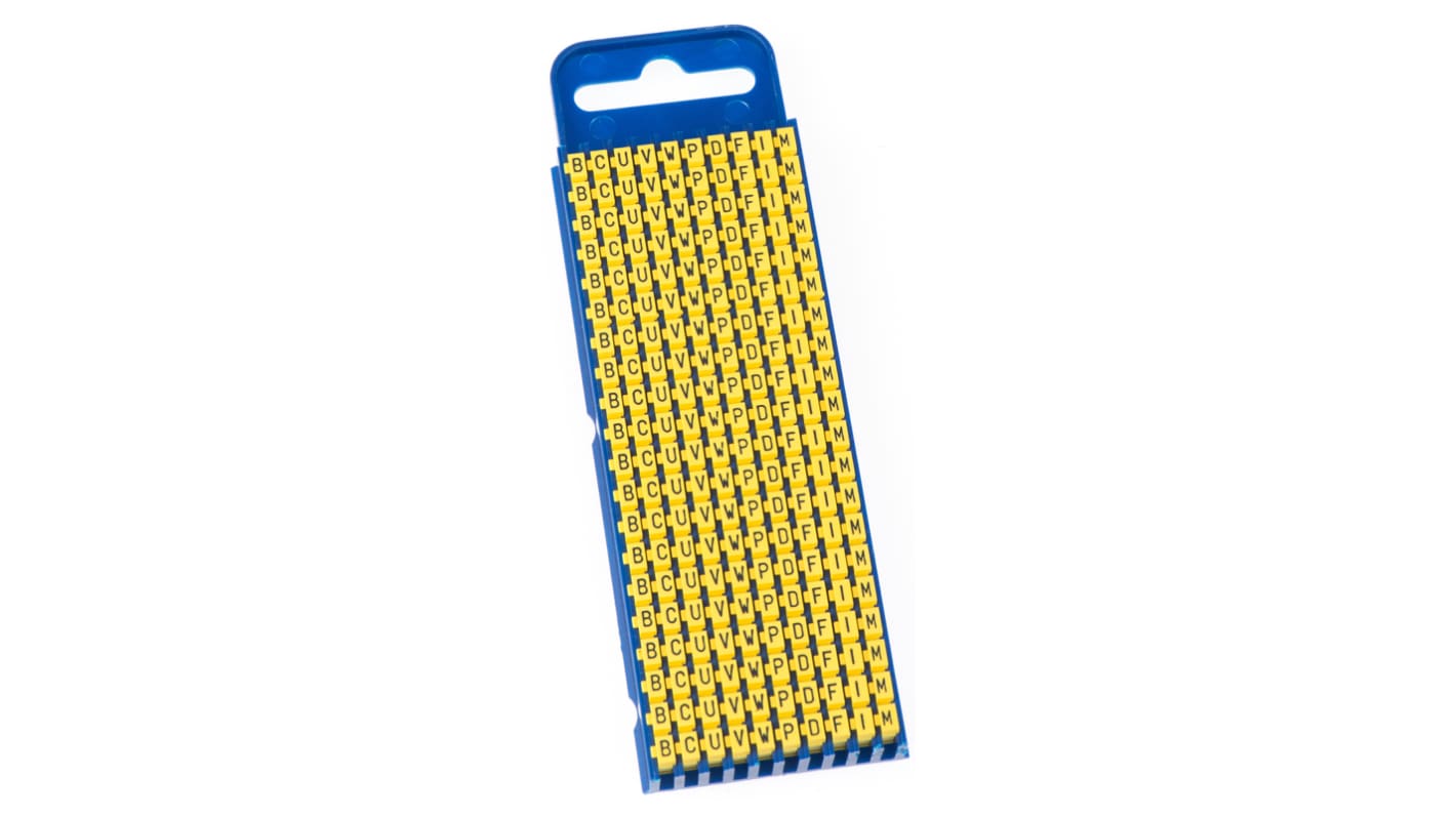 HellermannTyton WIC2 Snap On Cable Markers, Yellow, Pre-printed "B; C; D; F; I; M; P; U; V; W", 2.8 → 3.8 Cable
