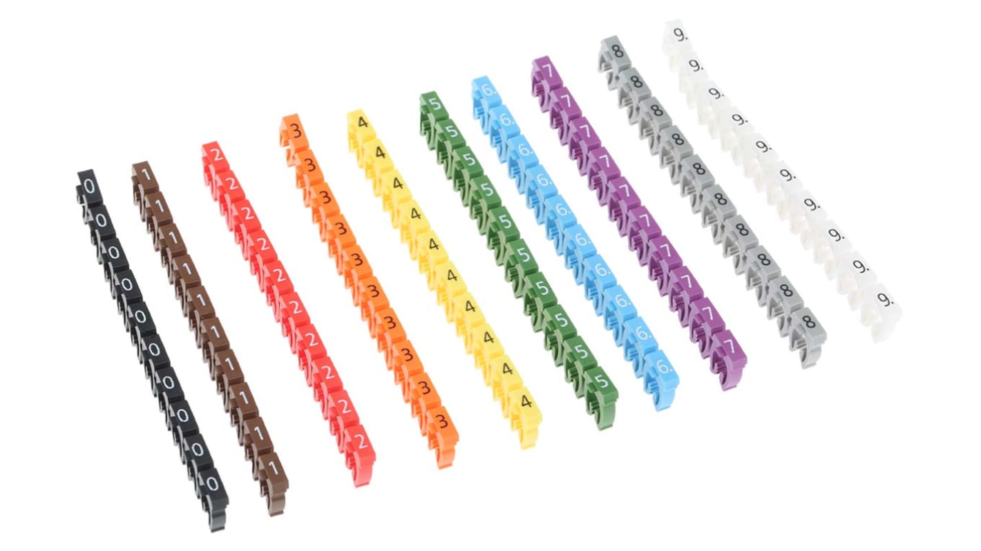 HellermannTyton WIC3 Snap On Cable Markers, assorted colours, Pre-printed "0 → 9", 4.3 → 5.3 Cable