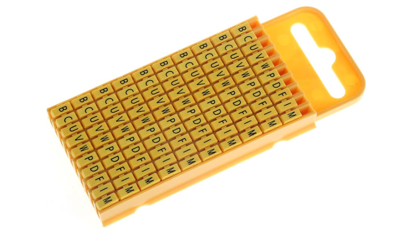 HellermannTyton WIC3 Snap On Cable Markers, Yellow, Pre-printed "B; C; D; F; I; M; P; U; V; W", 4.3 → 5.3 Cable