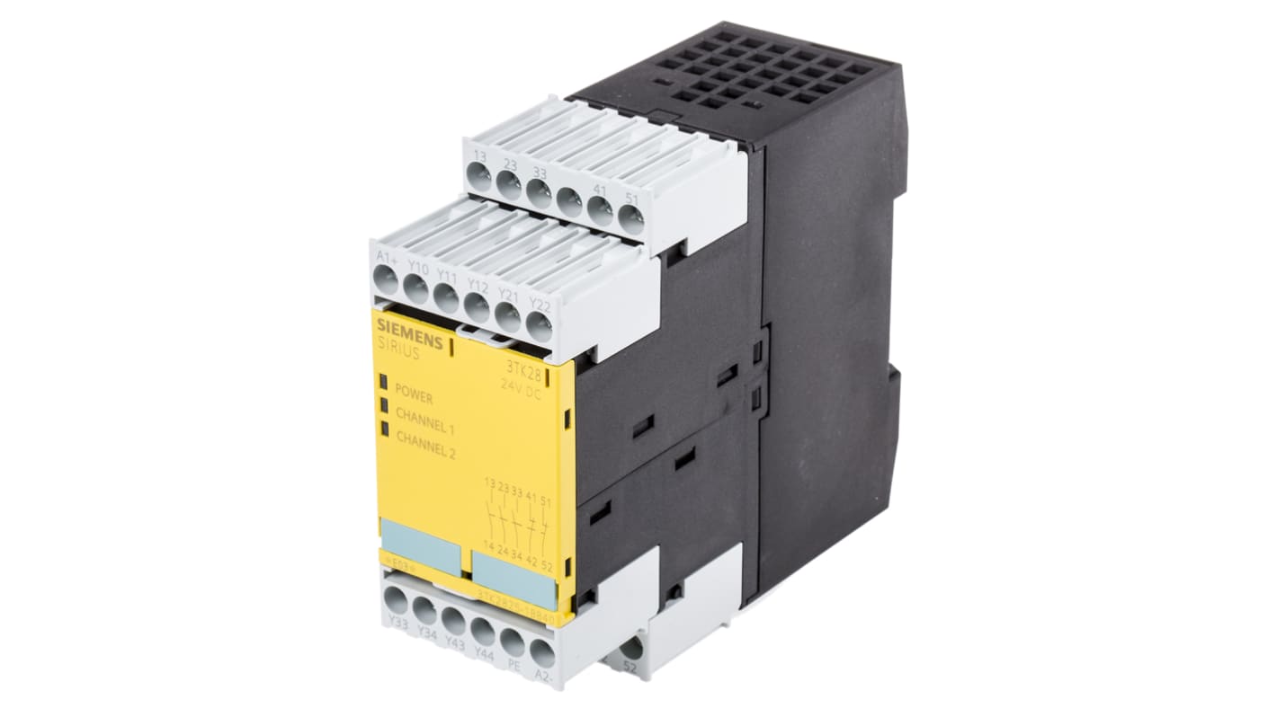 Relé de seguridad Siemens SIRIUS 3TK28 de 2 canales, para Bloqueo/interruptor de seguridad, 24V dc