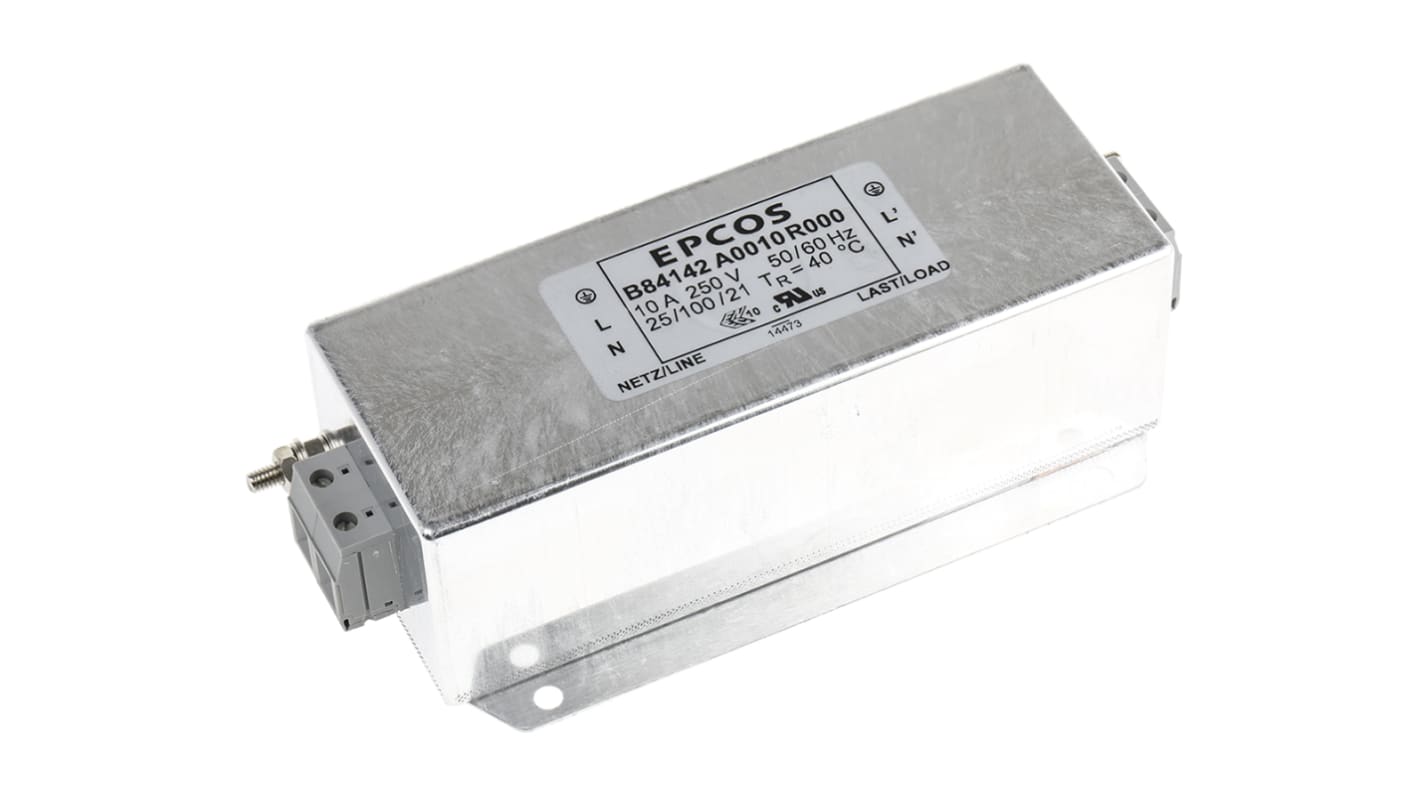 Filtro EMC EPCOS, 10A, 250 V AC / DC, 60Hz, Montaje con Reborde, con terminales Tornillo 7,9 mA, Serie B84142-A, 1 fase