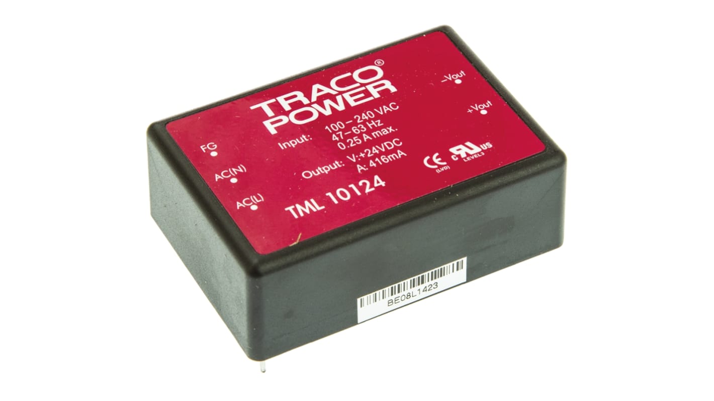 TRACOPOWER Embedded Switch Mode Power Supply SMPS, TML 10124, 24V dc, 416mA, 10W, 1 Output, 85 → 264 V ac, 85