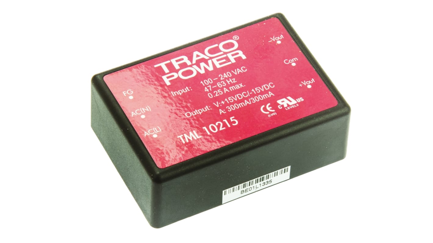 TRACOPOWER Embedded Switch Mode Power Supply SMPS, TML 10215, ±15V dc, 300mA, 10W, Dual Output, 85 → 264 V ac,