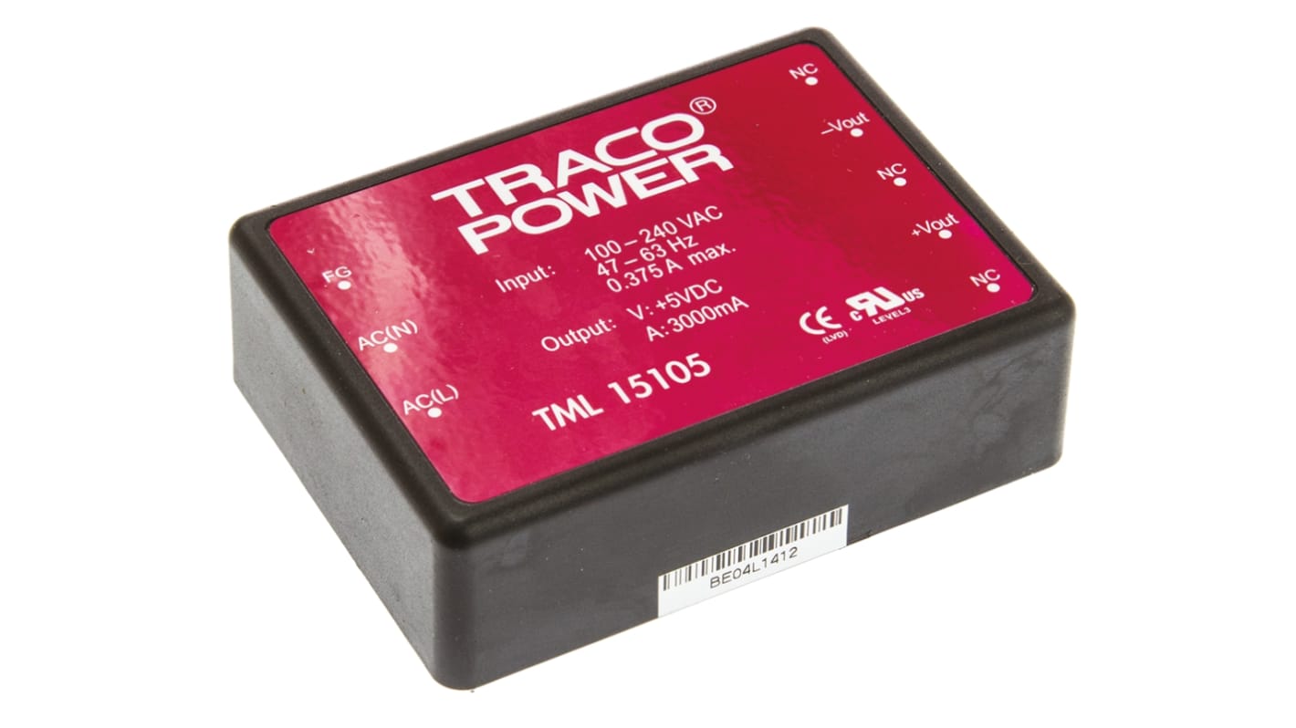 TRACOPOWER Embedded Switch Mode Power Supply SMPS, TML 15105, 5V dc, 3A, 15W, 1 Output, 85 → 264 V ac, 85