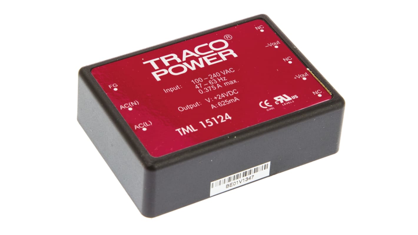 TRACOPOWER Embedded Switch Mode Power Supply SMPS, TML 15124, 24V dc, 625mA, 15W, 1 Output, 85 → 264 V ac, 85