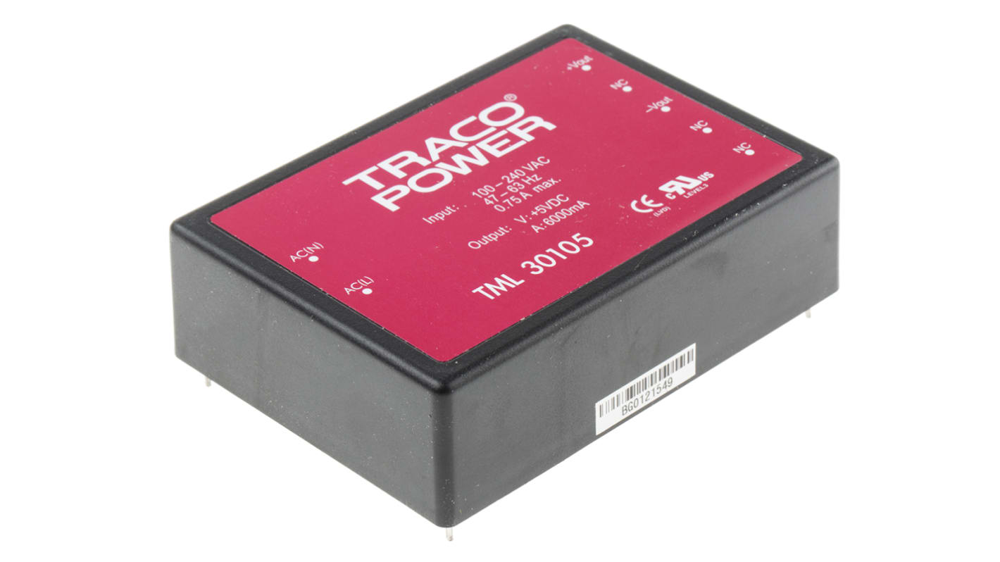 TRACOPOWER Embedded Switch Mode Power Supply SMPS, TML 30105, 5V dc, 6A, 30W, 1 Output, 100 → 370 V dc, 85