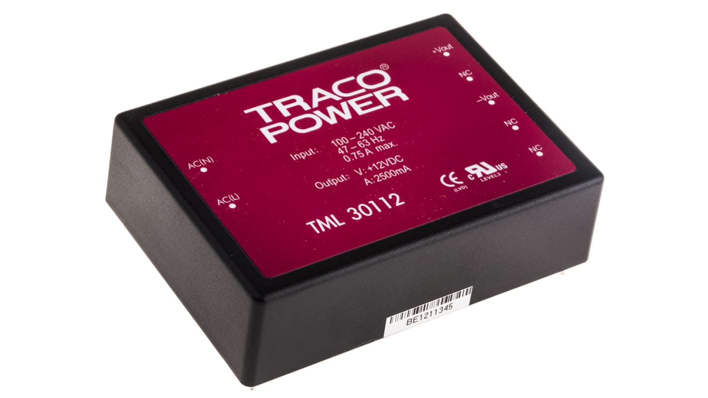 TRACOPOWER Embedded Switch Mode Power Supply SMPS, TML 30112, 12V dc, 2.5A, 30W, 1 Output, 100 → 370 V dc, 85