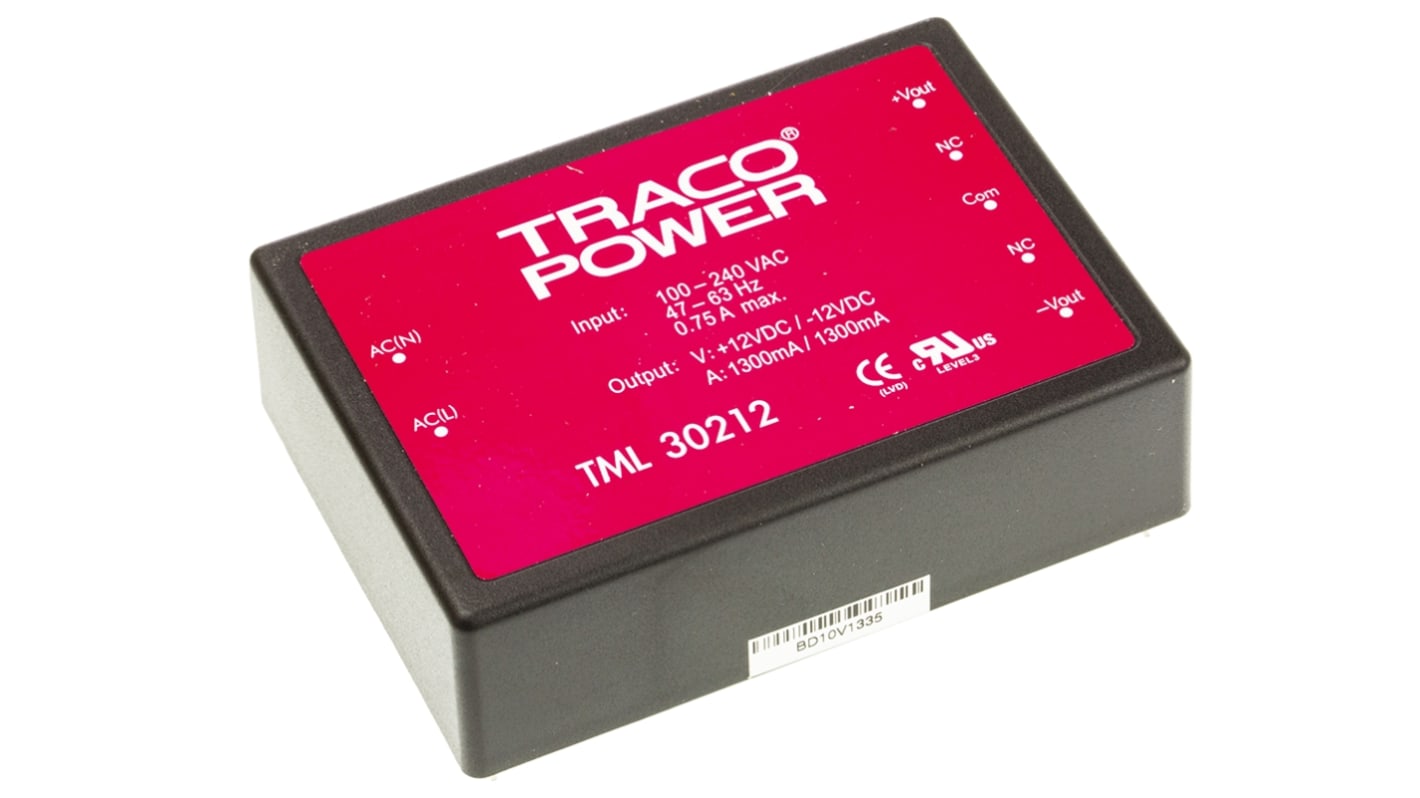 TRACOPOWER Embedded Switch Mode Power Supply SMPS, TML 30212, ±12V dc, 1.3A, 30W, Dual Output, 100 → 370 V dc,