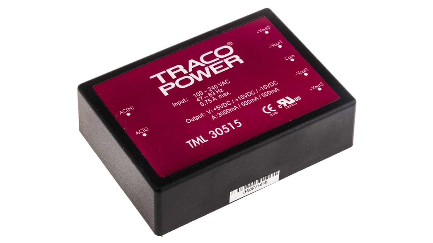 TRACOPOWER Embedded Switch Mode Power Supply SMPS, TML 30515, 5 V dc, ±15 V dc, 3 A, 500 mA, 30W, Triple Output, 100
