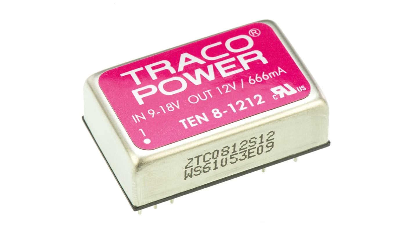 Convertisseur DC-DC TRACOPOWER, TEN 8, Montage traversant, 8W, 1 sortie, 12V c.c., 665mA