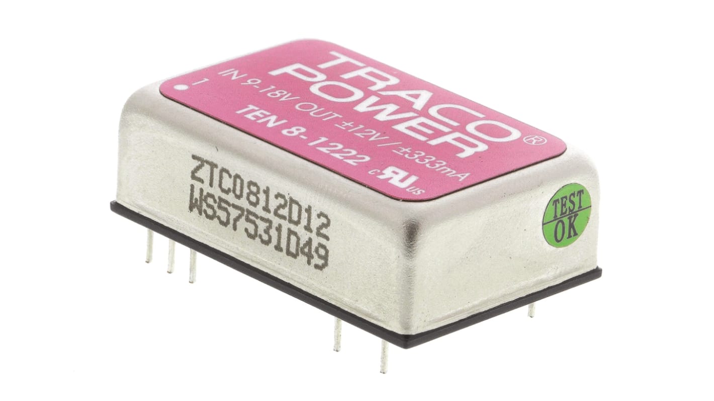 TRACOPOWER TEN 8 DC/DC-Wandler 8W 12 V dc IN, ±12V dc OUT / ±335mA Durchsteckmontage 1.5kV dc isoliert