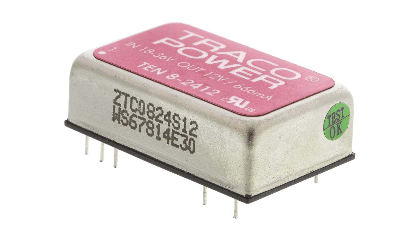 TRACOPOWER TEN 8 DC-DC Converter, 12V dc/ 665mA Output, 18 → 36 V dc Input, 8W, Through Hole, +85°C Max Temp