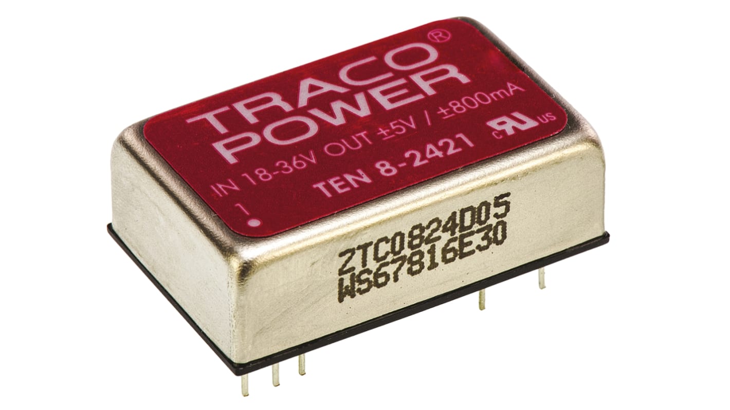 TRACOPOWER TEN 8 DC-DC Converter, ±5V dc/ ±800mA Output, 18 → 36 V dc Input, 8W, Through Hole, +85°C Max Temp