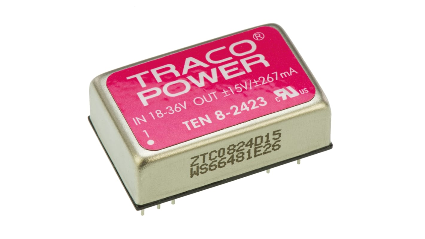 Convertisseur DC-DC TRACOPOWER, TEN 8, Montage traversant, 8W, 2 sorties, ±15V c.c., ±265mA