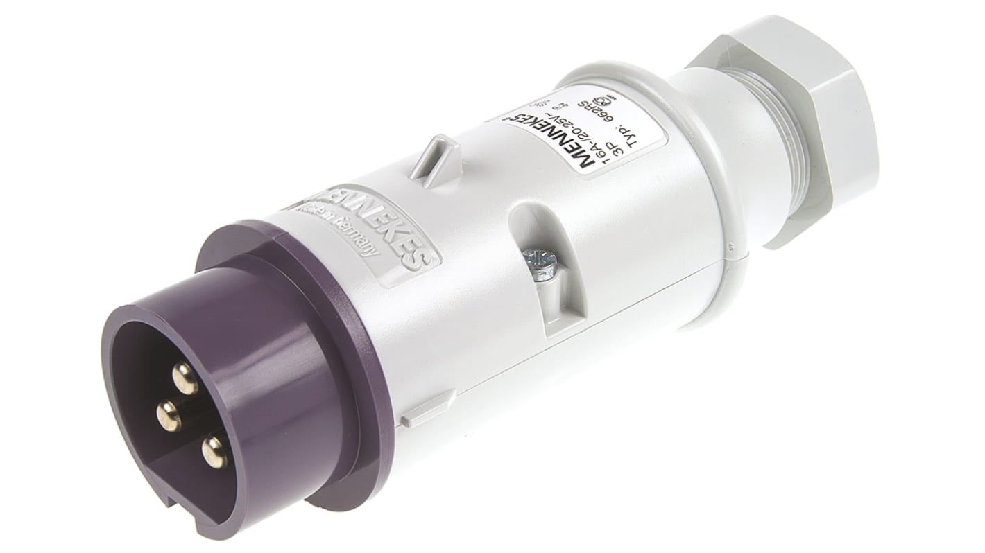 MENNEKES IP44 Purple Cable Mount 3P Industrial Power Plug, Rated At 16A, 20 → 25 V