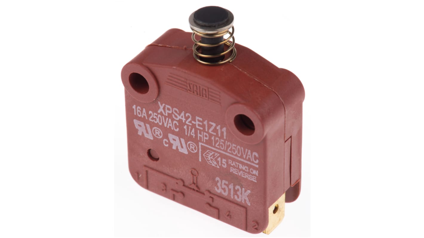 Microinterruptor de Puertas, tipo Émbolo, SPST 16 A a 250 V ac IP40, -20 → +140°C