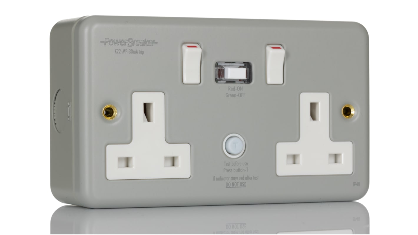 Power Breaker PowerBreaker H 13A, BS Fixing, Passive, 2 Gang RCD Socket, Surface Mount , Switched, 230 V ac, Grey