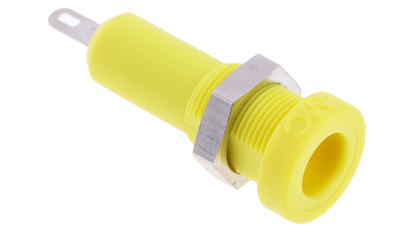 Staubli Yellow Female Banana Socket, 4 mm Connector, Solder Termination, 25A, 30 V, 60V dc, Nickel Plating