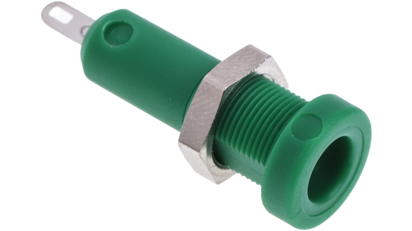 Conector banana hembra Hembra, 25A, 30 V, 60V dc, Contacto Níquel, Verde