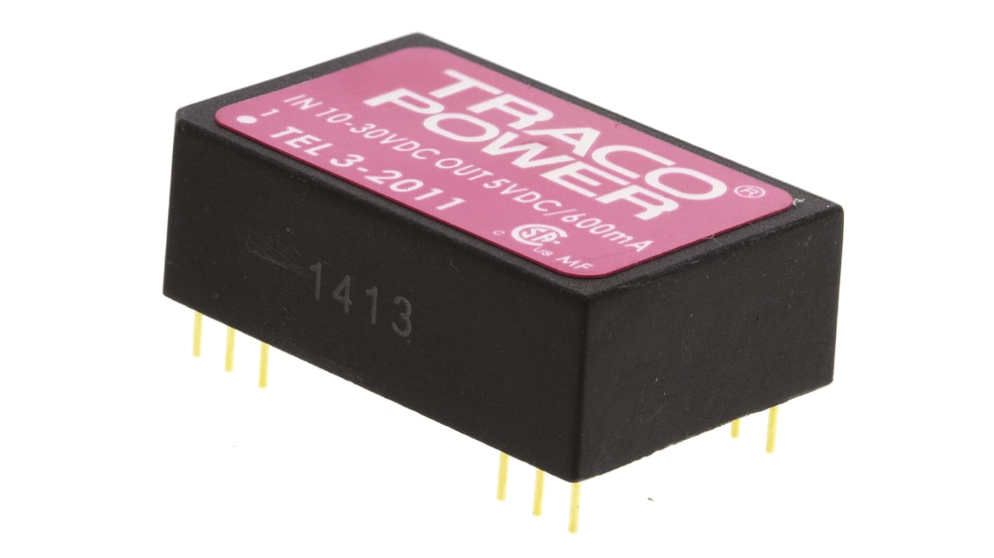 TRACOPOWER TEL 3 DC-DC Converter, 5V dc/ 600mA Output, 10 → 30 V dc Input, 3W, Through Hole, +85°C Max Temp