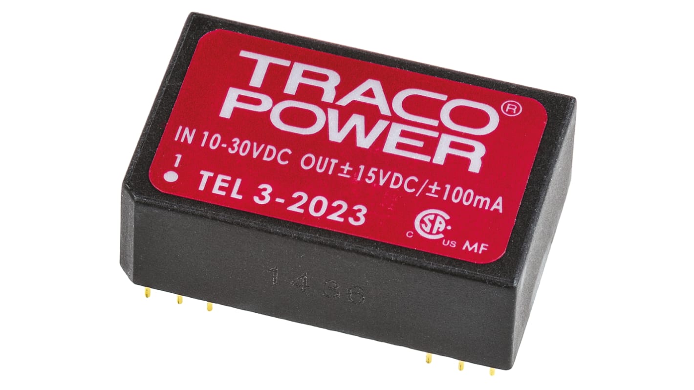 TRACOPOWER TEL 3 DC-DC Converter, ±15V dc/ ±100mA Output, 10 → 30 V dc Input, 3W, Through Hole, +85°C Max Temp