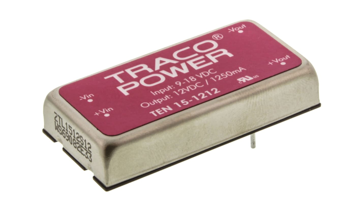 TRACOPOWER TEN 15 DC-DC Converter, 12V dc/ 1.25A Output, 9 → 18 V dc Input, 15W, Through Hole, +85°C Max Temp