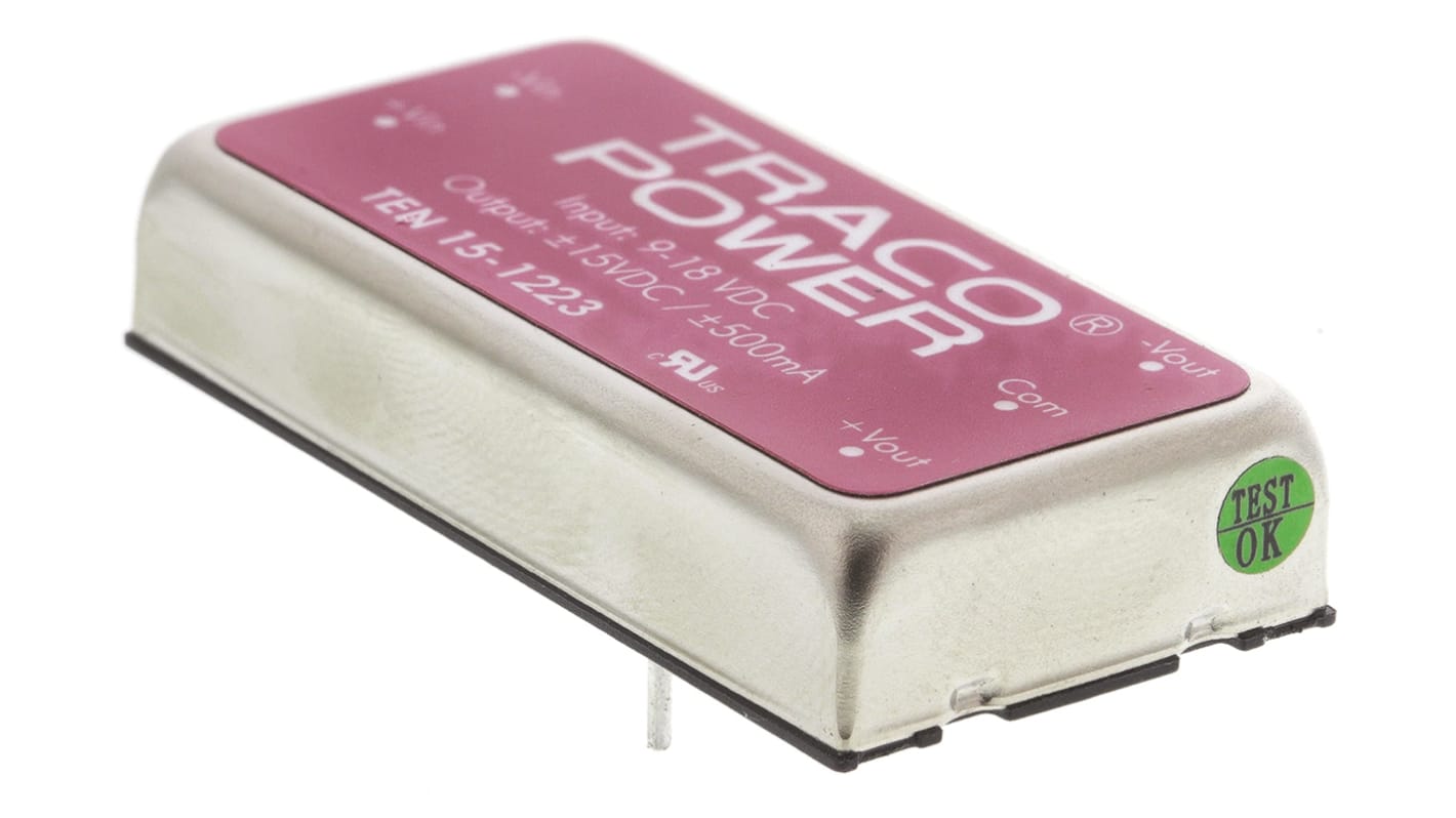 TRACOPOWER TEN 15 DC-DC Converter, ±15V dc/ ±500mA Output, 9 → 18 V dc Input, 15W, Through Hole, +85°C Max Temp