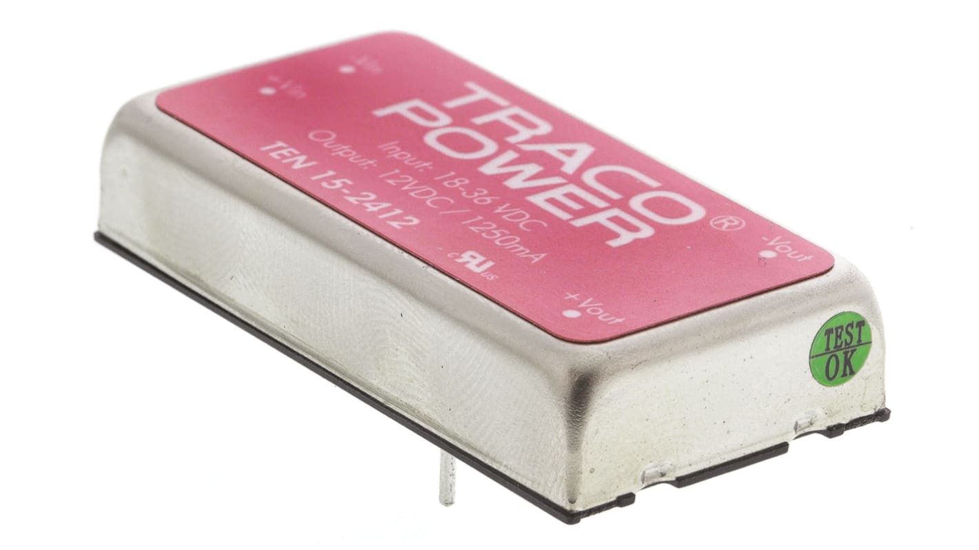 TRACOPOWER TEN 15 DC-DC Converter, 12V dc/ 1.25A Output, 18 → 36 V dc Input, 15W, Through Hole, +85°C Max Temp