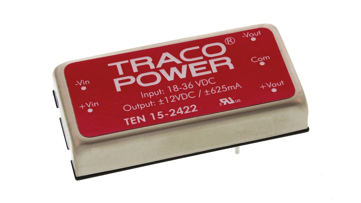 TRACOPOWER TEN 15 DC-DC Converter, ±12V dc/ ±625mA Output, 18 → 36 V dc Input, 15W, Through Hole, +85°C Max Temp