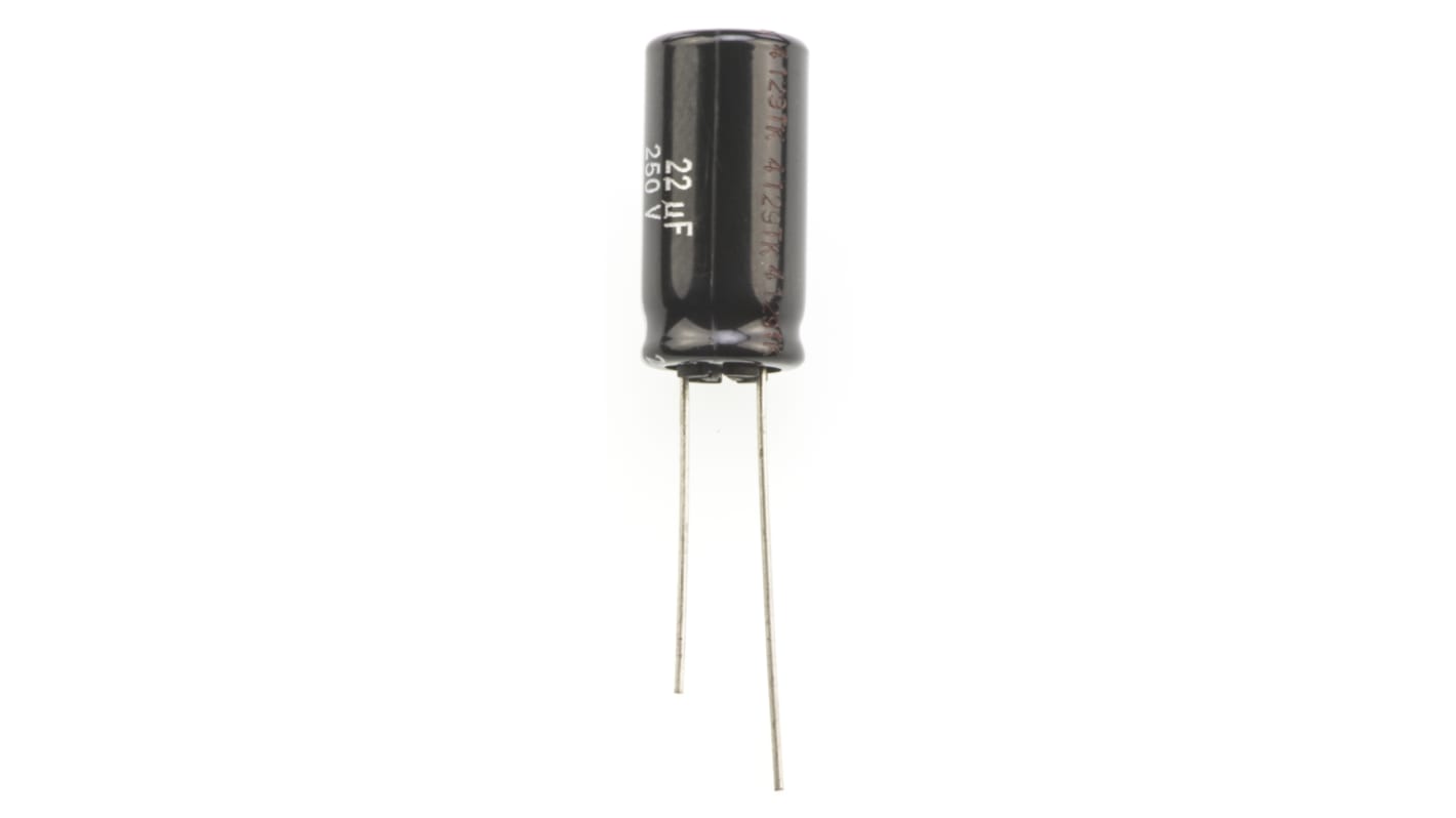 Condensador electrolítico Panasonic serie ED RADIAL, 22μF, ±20%, 250V dc, Radial, Orificio pasante, 10 (Dia.) x 20mm,