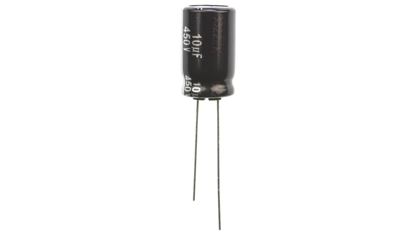 Condensador electrolítico Panasonic serie ED - A, 10μF, ±20%, 450V dc, Radial, Orificio pasante, 12.5 (Dia.) x 20mm,