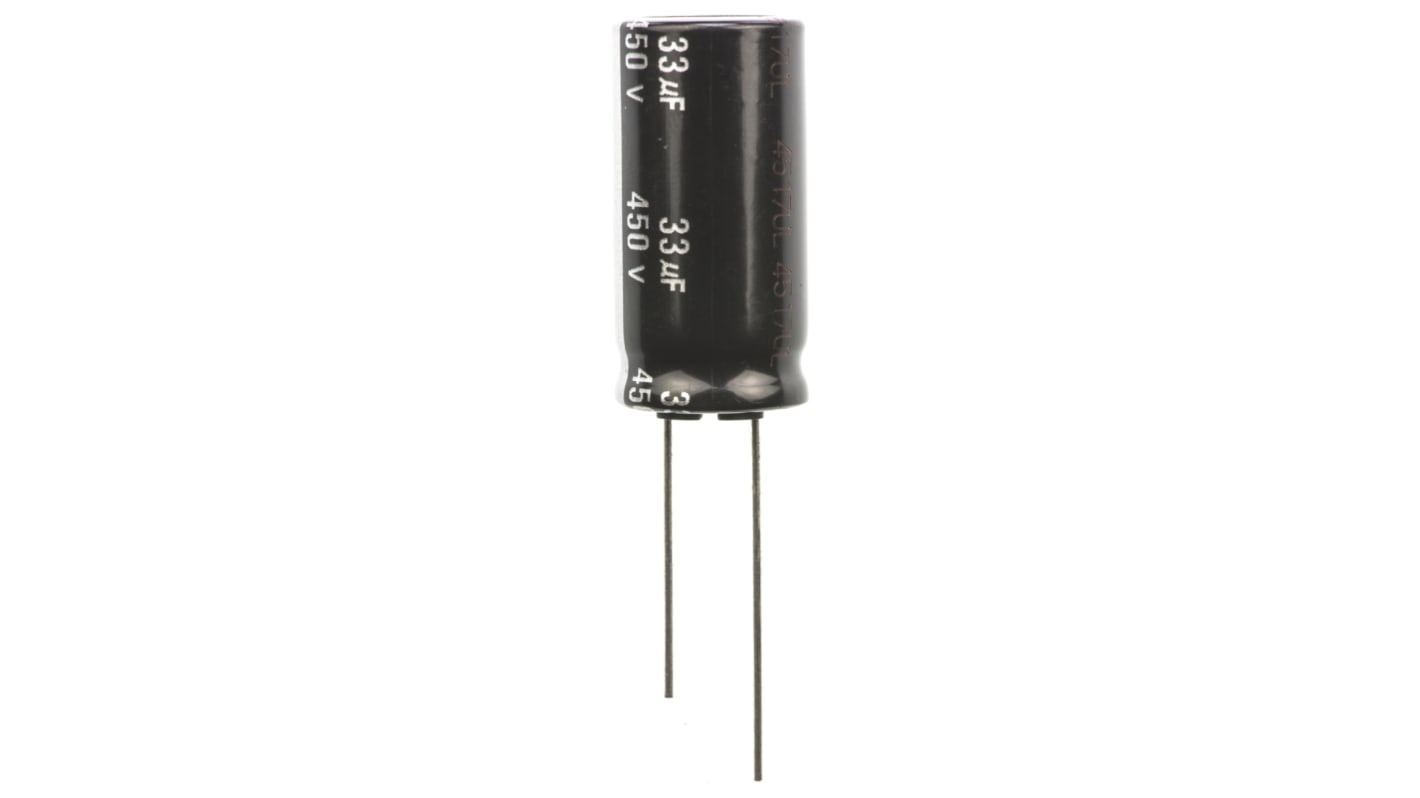 Condensador electrolítico Panasonic serie ED RADIAL, 33μF, ±20%, 450V dc, mont. pasante, 16 (Dia.) x 31.5mm, paso 7.5mm