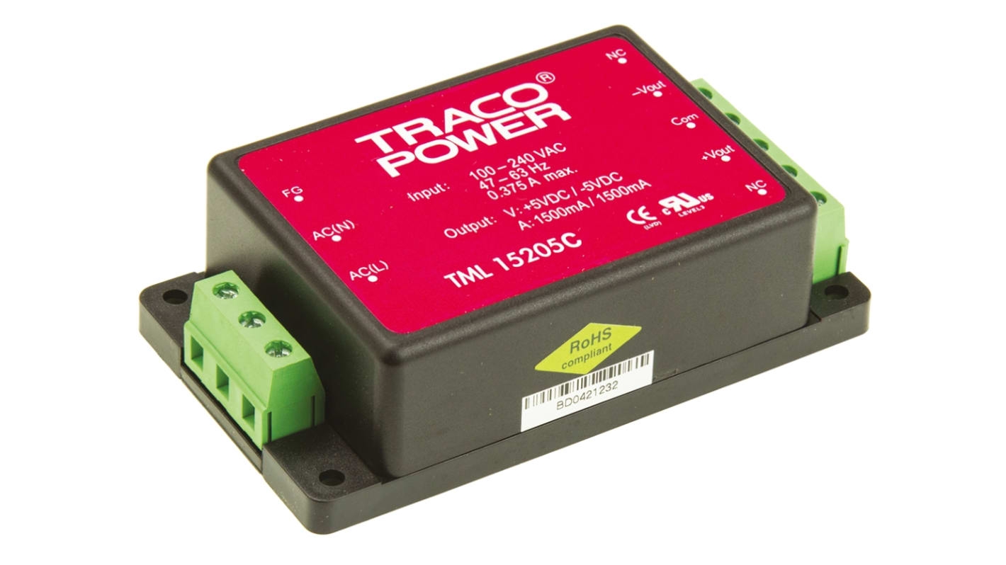 TRACOPOWER Embedded Switch Mode Power Supply SMPS, TML 15205C, ±5V dc, 1.5A, 15W, Dual Output, 85 → 264 V ac, 85