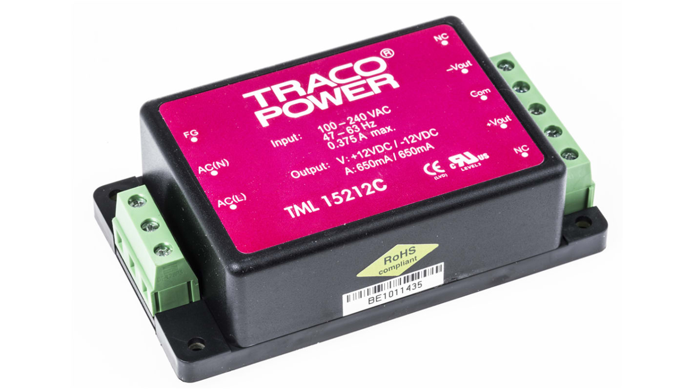 TRACOPOWER Embedded Switch Mode Power Supply SMPS, TML 15212C, ±12V dc, 650mA, 15W, Dual Output, 85 → 264 V ac,