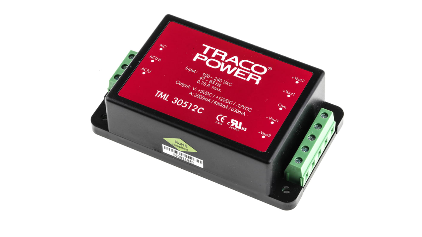 TRACOPOWER 30W Embedded switch-mode-strømforsyning (SMPS) 3 udgange, 5 V dc, ±12 V dc