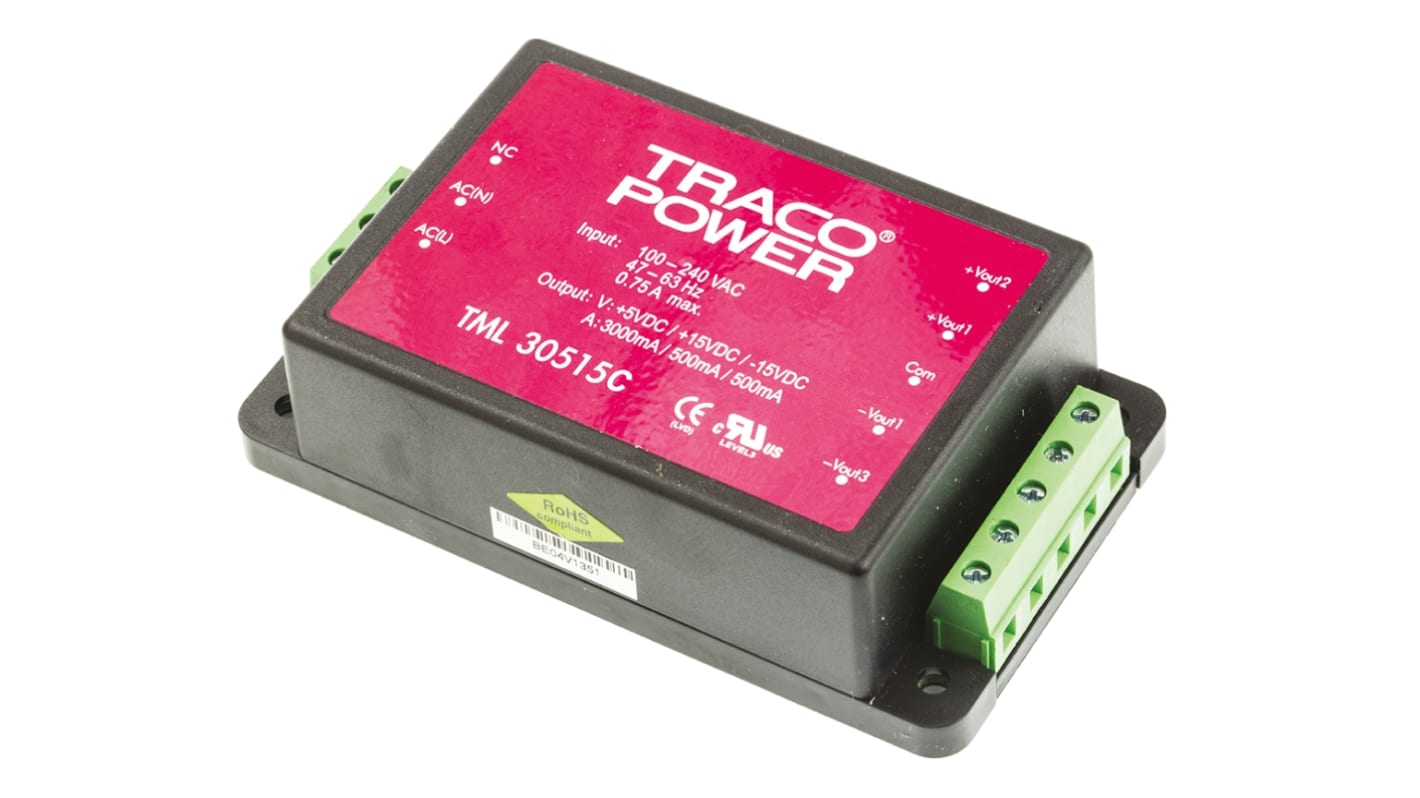 TRACOPOWER 30W Switch-mode strømforsyninger 3 udgange, 5 V dc, ±15 V dc