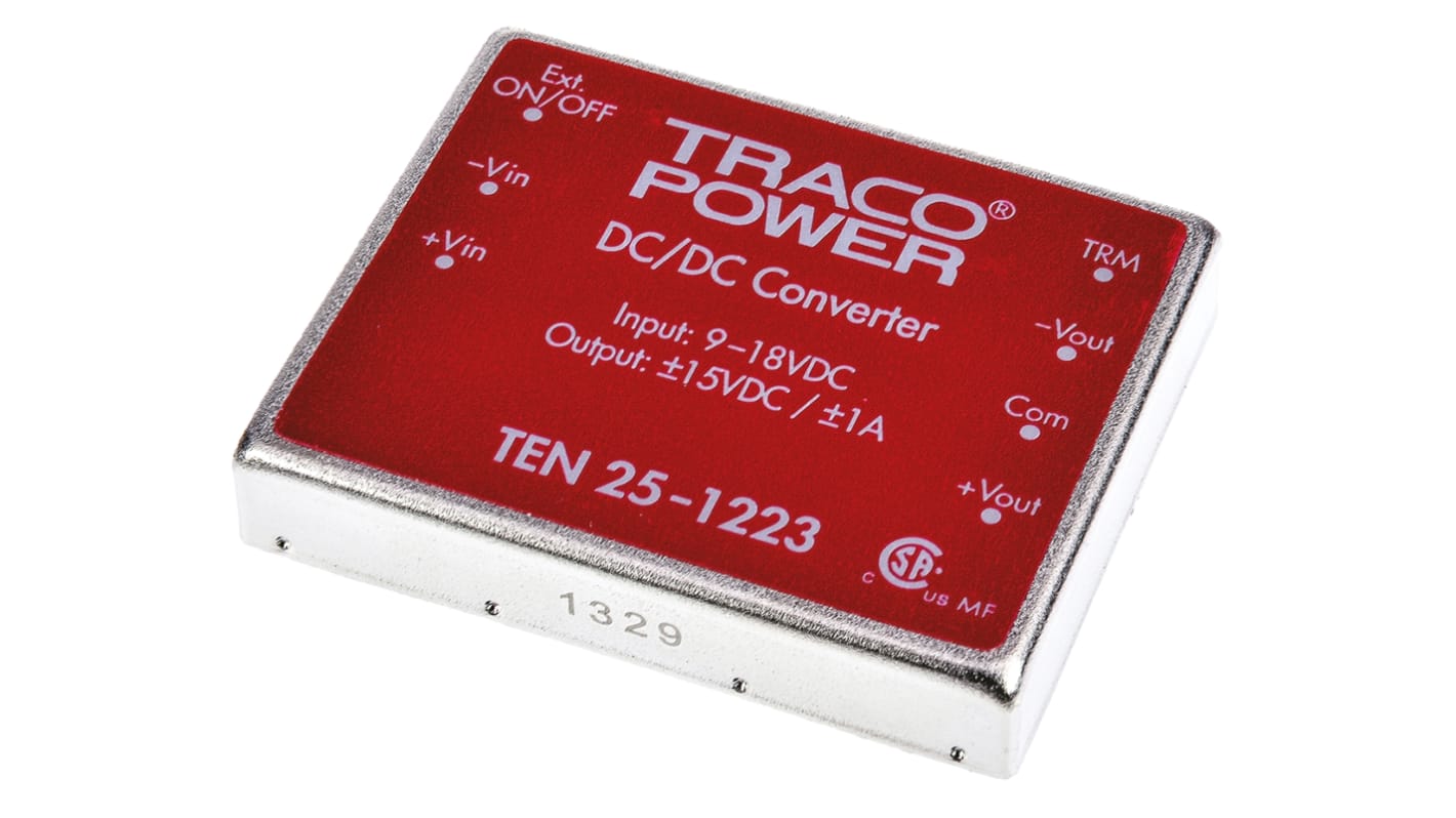 TRACOPOWER TEN 25 DC-DC Converter, ±15V dc/ ±1A Output, 9 → 18 V dc Input, 25W, Through Hole, +85°C Max Temp
