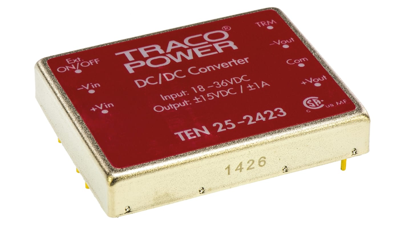 TRACOPOWER TEN 25 DC-DC Converter, ±15V dc/ ±1A Output, 18 → 36 V dc Input, 25W, Through Hole, +85°C Max Temp