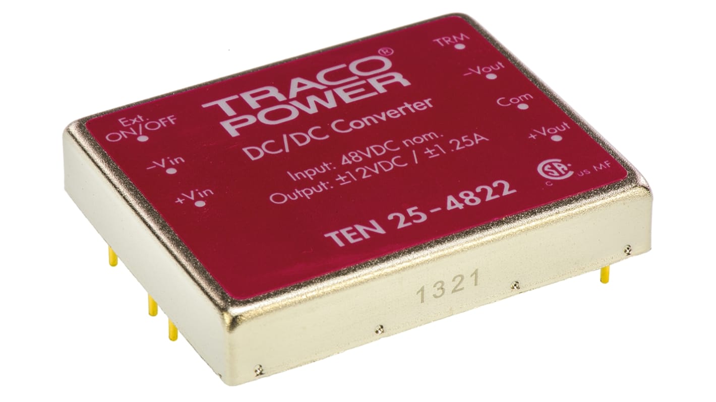 TRACOPOWER TEN 25 Isolated DC-DC Converter, ±12V dc/ ±1.25A Output, 36 → 75 V dc Input, 25 W, 30 W, Through