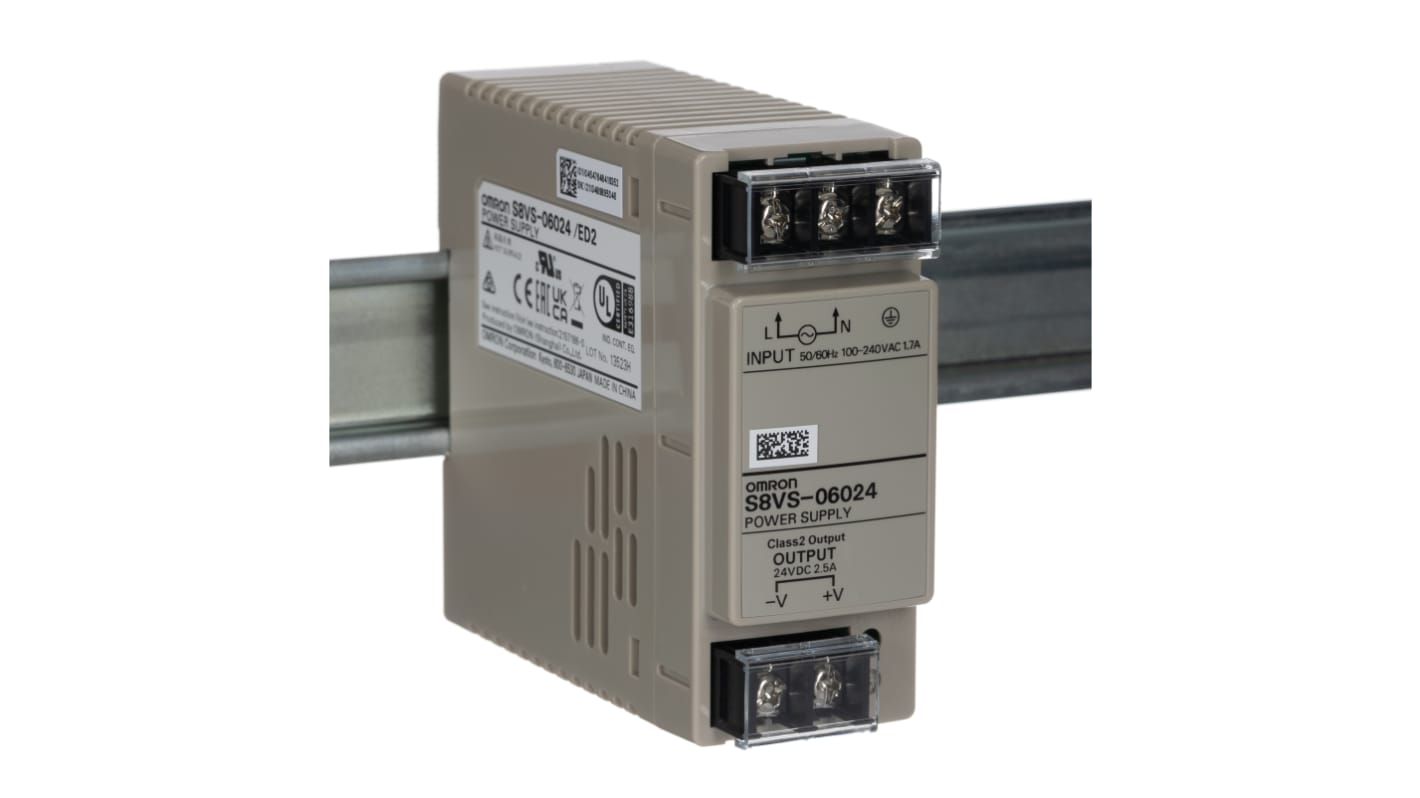 Omron S8VS Switched Mode DIN Rail Power Supply, 85 → 264V ac ac Input, 24V dc dc Output, 2.5A Output, 60W