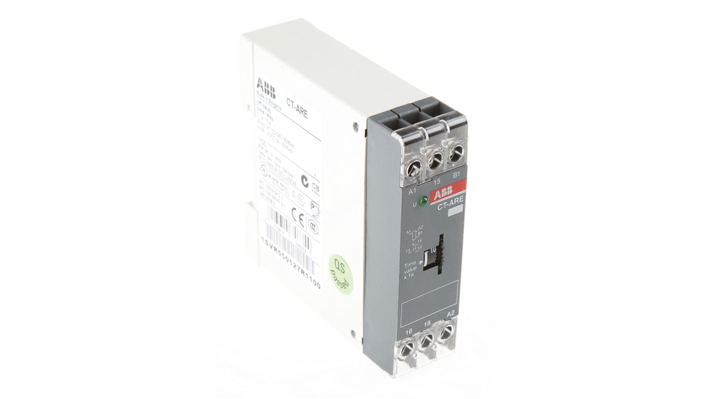 ABB 1SVR Series DIN Rail Mount Timer Relay, 200 → 240 V ac, 24V ac/dc, 1-Contact, 0.1 → 10s, 1-Function,