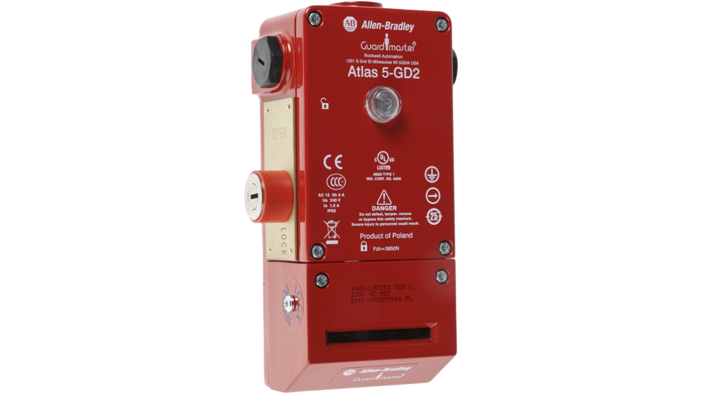 Interruptor de bloqueo por solenoide Allen Bradley Guardmaster Atlas 5 440G-L, 230V ac/dc, cont. aux. 1NA, Alimentar