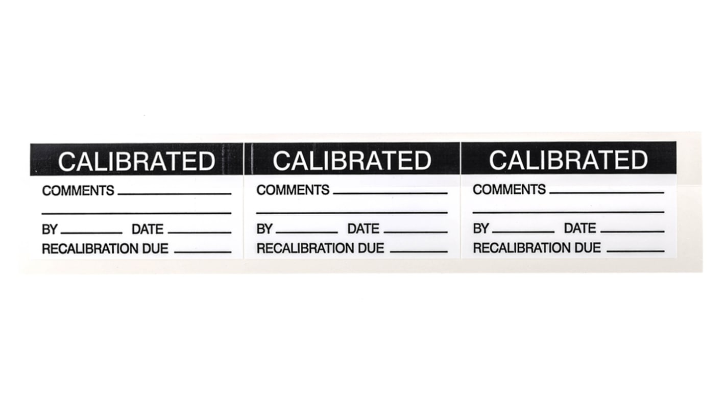 RS PRO Schwarz Vorbedrucktes, selbstklebendes Etikett: Calibrated, 38mm x 70mm, 30 Stück