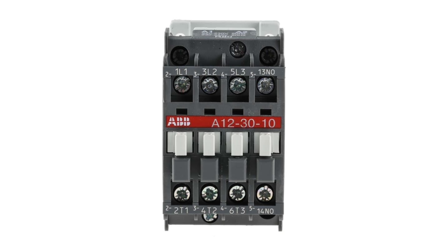 Contactor ABB A12-30-10 A Line de 3 polos, 3 NA, 27 A, bobina 230 V ac, 5,5 kW