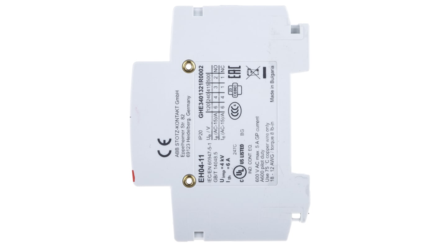 ABB Auxiliary Contact, 2 Contact, 1NC + 1NO, DIN Rail Mount